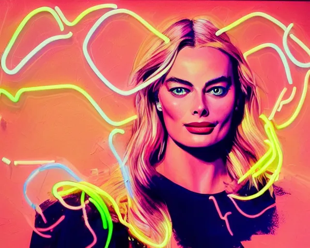 Image similar to neon art of margot robbie, hyper detailed, award winning