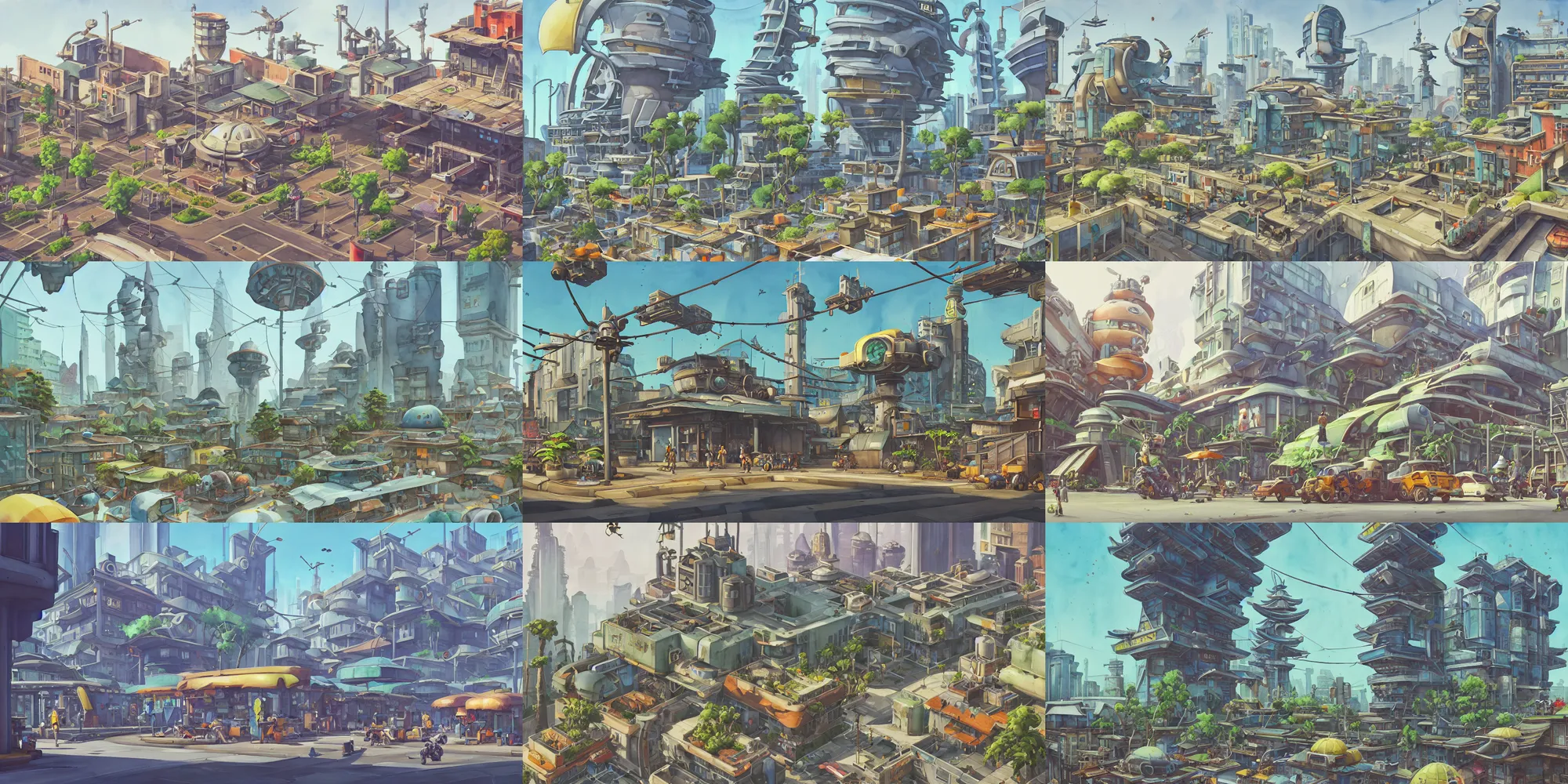 Prompt: overwatch building, stylized, exterior, architecture, in watercolor gouache detailed paintings, insanely detail, artstation, 8 k, futuristic, big medium small, arcane, simon stalenhag, food stall, interesting shapes & form, hard surface, props, decoration, megastructures, wes anderson, tree and plants, solarpunk, japanese downtown, utopia, slums