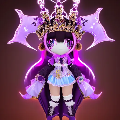 Image similar to cute fumo plush of a elaborately dressed gothic punk princess in black and purple regalia, crown, outline glow lens flare, vray