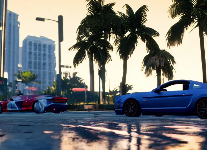 Image similar to still next - gen ps 5 game grand theft auto 6 2 0 2 4 remaster, graphics mods, rain, red sunset, people, rtx reflections, gta vi, miami, palms and miami buildings, photorealistic screenshot, unreal engine, 4 k, 5 0 mm bokeh, close - up ford mustang, gta vice city remastered, artstation