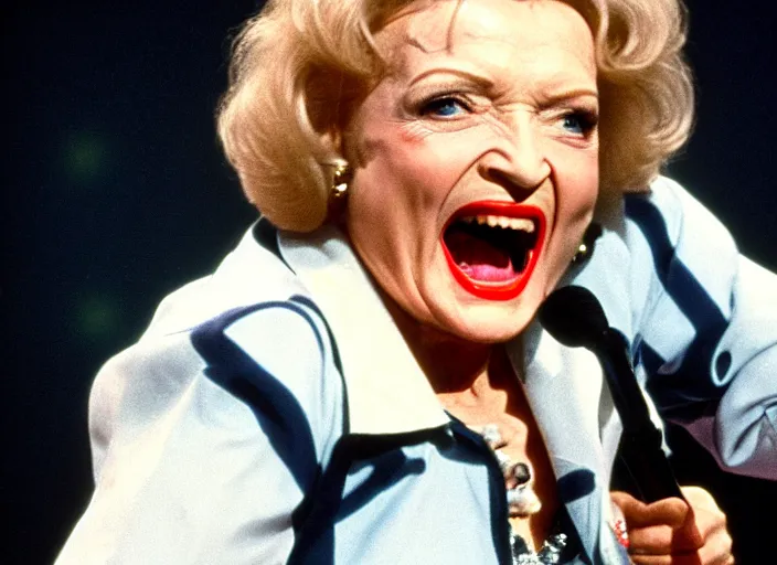 Image similar to publicity photo still of betty white as a gangsta rapper live on stage, 8 k, live concert lighting, mid shot