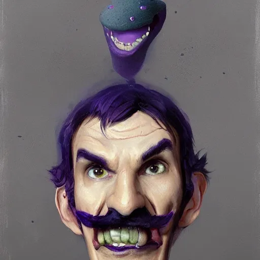 Image similar to portrait painting waluigi, silly, angry, rolling his eyes, painted by greg rutkowski,