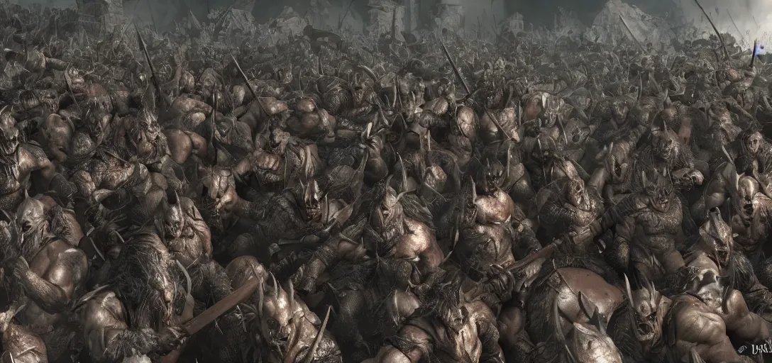Image similar to army of orcs and goblins, high detail, hd 8 k cinematic, photorealistic, dramatic lighting