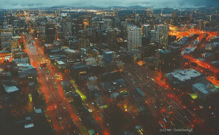 Image similar to 2011 Seattle rainy afternoon, aerial view , aerial view Cinestill 800t 18mm, heavy grainy picture, very detailed, high quality, 4k panoramic, billboards and streetlight at night, rain, mud, foggy