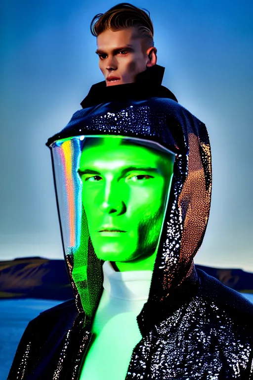 Image similar to an ultra high definition professional high fashion portrait studio full length photograph of a male model wearing a transparent pearlescent raincoat and neon visor in an icelandic black rock environment at dawn. no artefacts. extremely detailed. stark. refraction. shallow depth of field. volumetric light and shadow. ray tracing. light rays.