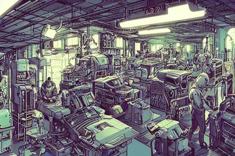 Image similar to an extremely cluttered machine repair shop in 2067, art by Josan Gonzales and Dan Hillier