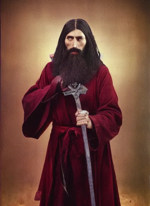 Prompt: full body portrait of a 30 year old RASPUTIN wearing a highly detailed deep purple and crimson robe with cloak holding a sickle in his right hand. Cinematic dynamic lighting with backlight. ACTION POSE. portrait by Annie Leibovitz