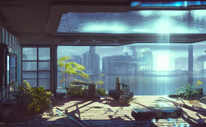 Prompt: photorealistic cyberpunk lakehousein a dessert oasis. daylight. sunlight. lens flare. light fixtures. 8K. detailed. photorealism. artstation. 25mm f/1.7 ASPH Lens. ultra realistic