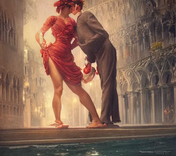 Image similar to photography of a 1 8 th couple in venice with fireworks, deep focus, intricate, elegant, highly detailed, digital painting, artstation, concept art, matte, sharp focus, illustration, art by artgerm and greg rutkowski and alphonse mucha and gil elvgren