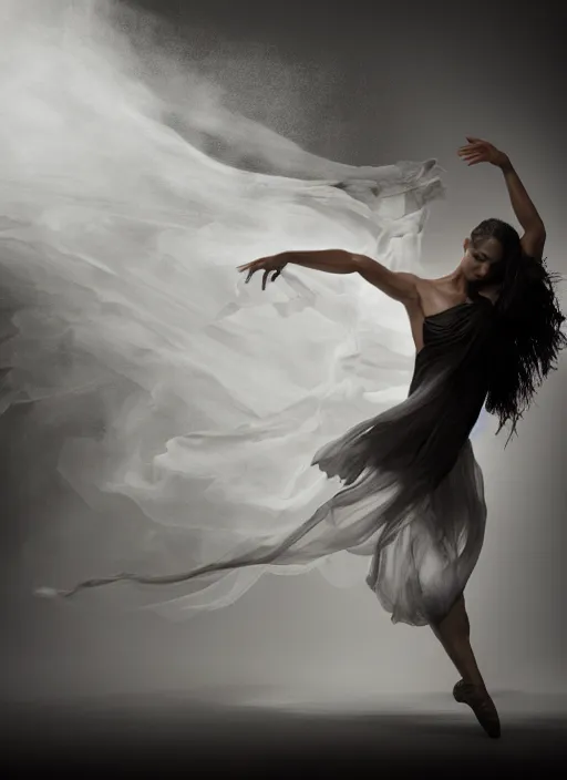 Image similar to a Photorealistic dramatic hyperrealistic render of a beautiful Female smoke dancer by Ken Brower and Deborah Ory of NYC Dance project,Lois Greenfield,Flowing cloth and smoke,Beautiful dynamic dramatic dark moody lighting,volumetric,shadows,cinematic atmosphere,Octane render,8K