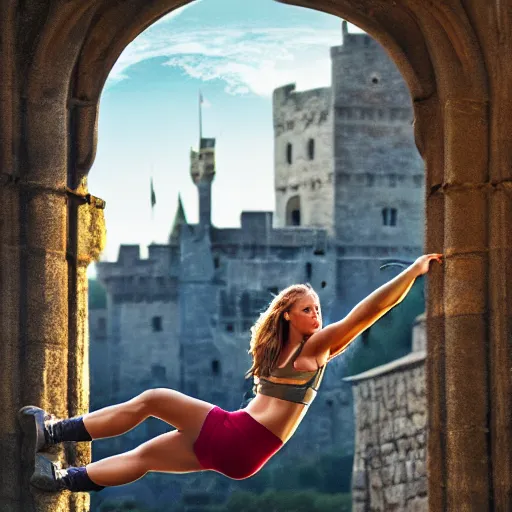 Image similar to beautiful athletic female swinging on large lyra hoop, intricate detail, in front of medieval castle, cinematic compositon, photorealistic