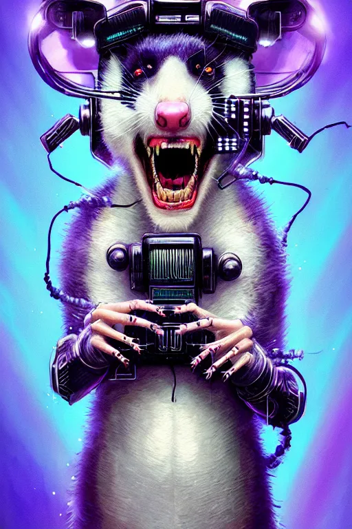 Image similar to a beautiful portrait of a cute cyberpunk opossum screaming by sandra chevrier and greg rutkowski and wlop, purple blue color scheme, high key lighting, volumetric light, digital art, highly detailed, fine detail, intricate, ornate, complex, octane render, unreal engine, photorealistic