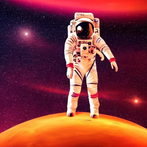 Image similar to A wide angle shot from below of a female astronaut with a feminine body walking with swagger towards camera on mars in an infinite universe , synthwave digital art