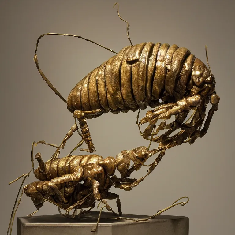 Image similar to hyperrealistic sculpture of a bronze fossilized cicada isopod in a large cage made of green plastic wire on a pedestal by ron mueck and duane hanson and lee bontecou, hyperrealistic dramatic colored lighting trending on artstation 8 k