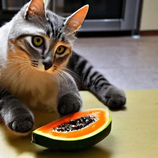Prompt: cat eating papaya