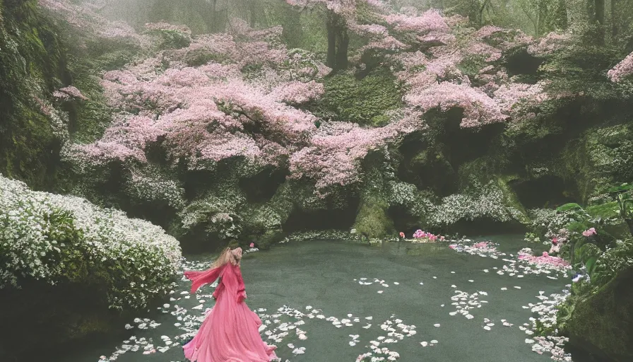 Prompt: a Petra Collins photo, 35mm film still of a very surreal magical European castle with a cafe in a lush waterfall garden, falling cherry blossoms pedals, in the style of Gucci and Wes Anderson glowing lights and floating lanterns, foggy atmosphere, rainy, moody, muted colors, magic details, very detailed, 8k, cinematic look