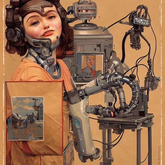 Image similar to robot artist painting a self - portrait on a canvas. intricate, highly detailed, digital matte painting, in the style of alexandros pyromallis, and in the style of sachin teng, and in the style of hans thoma, and in the style of gil elvgren. irony, recursion, inspiration, dieselpunk.