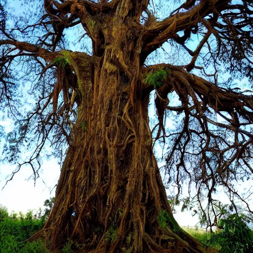 Prompt: an old tree standing taller then all others, living tree with human details.