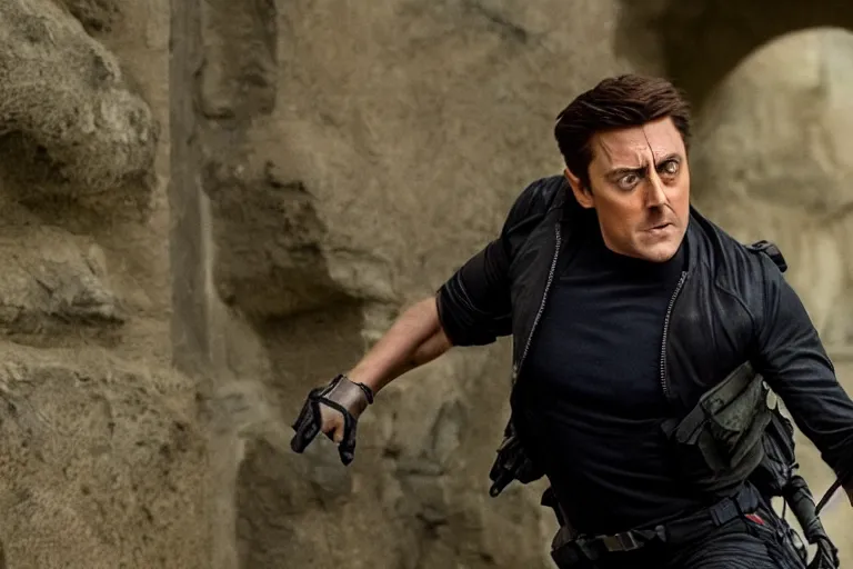 Prompt: a film still of Peter Serafinowicz in Mission: Impossible IX, high quality