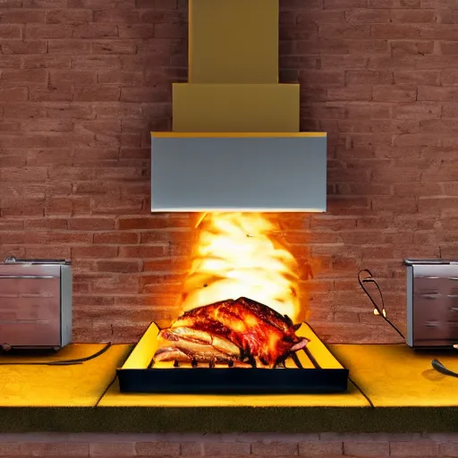 Image similar to wood fired bbq, brick construction, cosy, warm, yellow brick, artistic rendering 8k