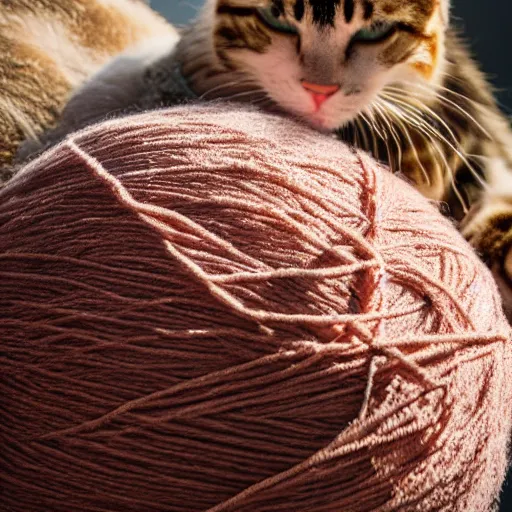 Prompt: photo of giant yarn ball next to a cat, taken with canon eos - 1 d x mark iii, bokeh, sunlight, studio 4 k