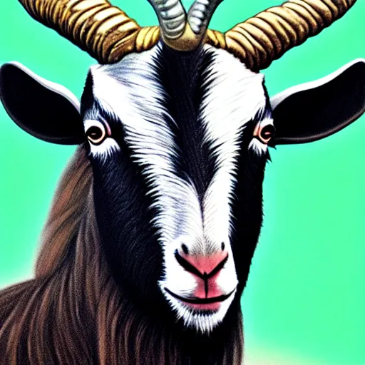 Prompt: detailed portrait of vladimir putin in the form of a goat with detailed big horns, with a pentagram on the background