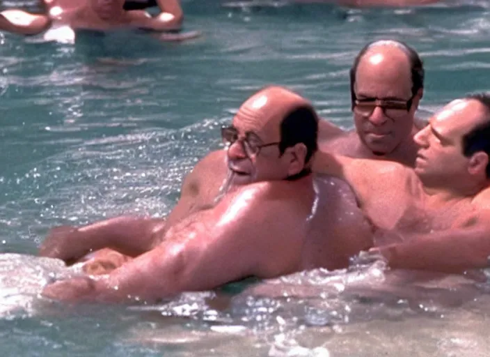 Image similar to film still of george costanza being rescued by a lifeguard in the new seinfeld episode, 4 k