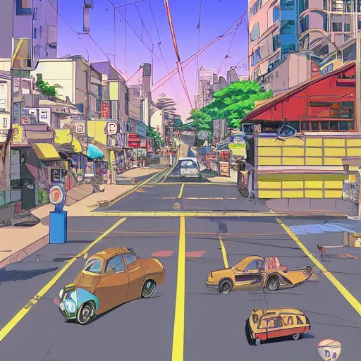 Image similar to city street, sloped street, city on mountainside, street scene, colorful buildings, cel - shading, 2 0 0 1 anime, flcl, jet set radio future, golden hour, japanese town, concentrated buildings, japanese neighborhood, construction site, cel - shaded, strong shadows, vivid hues, y 2 k aesthetic