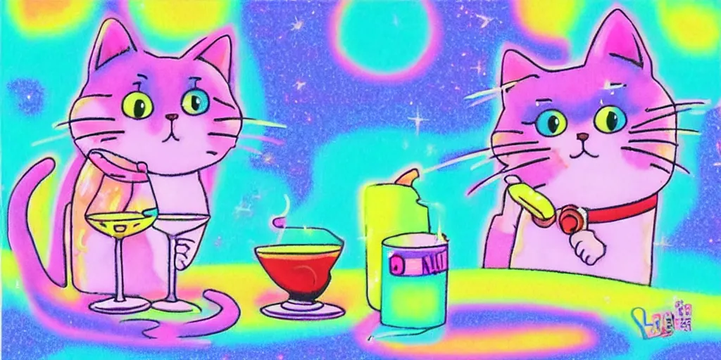 Image similar to a cat drinking red wine, puffy sticker, glitter sticker, kawaii by studio ghibli, by lisa frank 8 k pastel colours, neon colours, fluorescent colours,