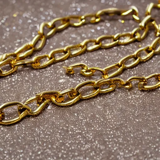 Image similar to studio photography of a gold chain, melting with lava