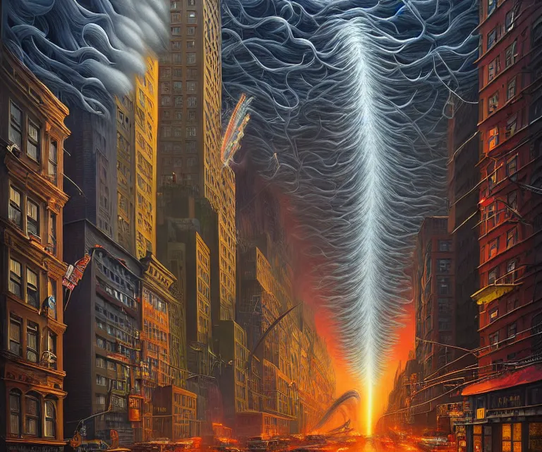 Prompt: hyper detailed 3d render like a Oil painting - a raging tornado over the streets of new york city, by Jacek Yerka, Mariusz Lewandowski, Houdini algorithmic generative render, Abstract brush strokes, Masterpiece, Edward Hopper and James Gilleard, Zdzislaw Beksinski, Mark Ryden, Wolfgang Lettl, hints of Yayoi Kasuma, octane render, 8k