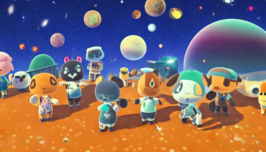 Image similar to a galactic Animal Crossing landscape, Animal Crossing characters, space colors, galaxies, stars, nebula, octane render, unreal engine, Animal Crossing New Horizon, 8k