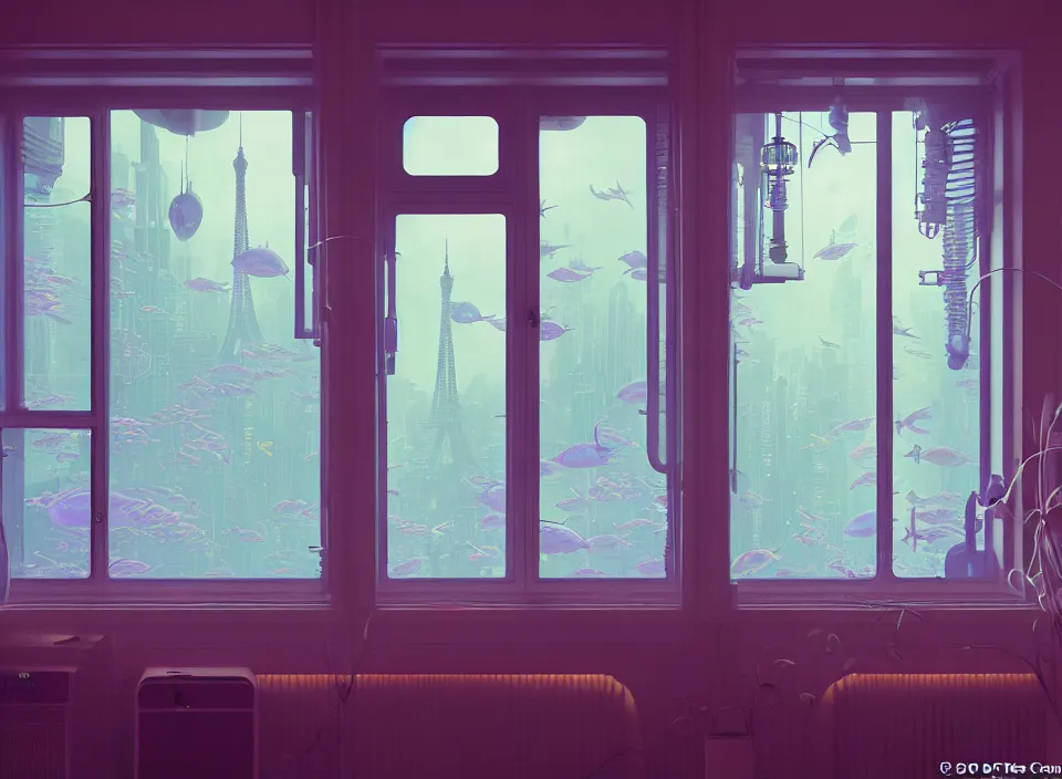 Prompt: telephoto 7 0 mm f / 2. 8 iso 2 0 0 photograph depicting the feeling of insomnia in a cosy cluttered french sci - fi ( art nouveau ) pale cyberpunk apartment in a pastel dreamstate art cinema style. ( aquarium, computer screens, window ( city ), led indicator, lamp ( ( ( gym ) ) ) ), ambient light.