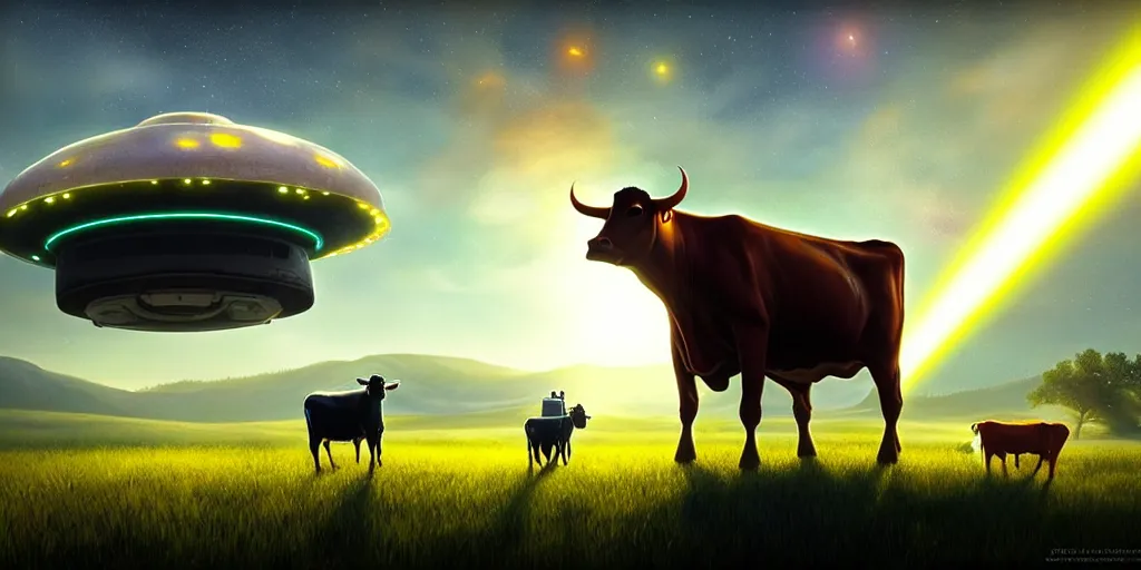 Image similar to a beautiful ufo abducting a cow from a field, beam of light, vivid colors, digital art, landscape, fantasy art, octane render, unreal engine, high detail, very realistic, by greg rutkowski. by james gurney