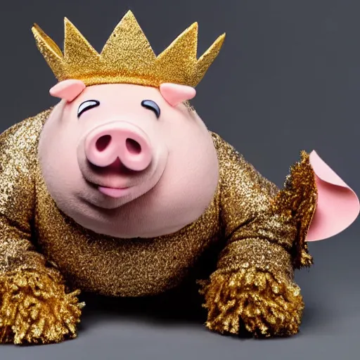 Prompt: studio photograph of a pig wearing a gold crown depicted as a muppet karate full body