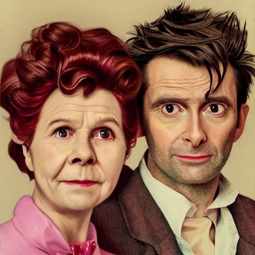 Prompt: david tennant and imelda staunton as dolores umbridge in pink clothes with the tenth doctor who, highly detailed, artstation, concept art, smooth, sharp focus, illustration, perfect face, art by karl blossfeldt, willem claesz. heda, nikolay makovsky, jacek malczewski, arthur hughes