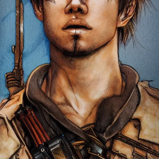 Prompt: portrait of a young white hero using his right arm to hold his sword covering his eye by yoji shinkawa, high quality, extra details, realism, ornate, colored, golden chain, blood, white skin, short hair, brown eyes, vivid, sunlight, dynamic, american man, freedom, white american soldier, pencil drawing, cybernetics, military
