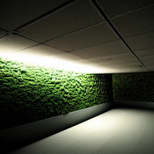 Image similar to noisy photograph of a small liminal underground garden, office ceiling panels, retrofuturism, brutalism, staggered terraces, minimalist, cinematic, soft vintage glow, unreal engine