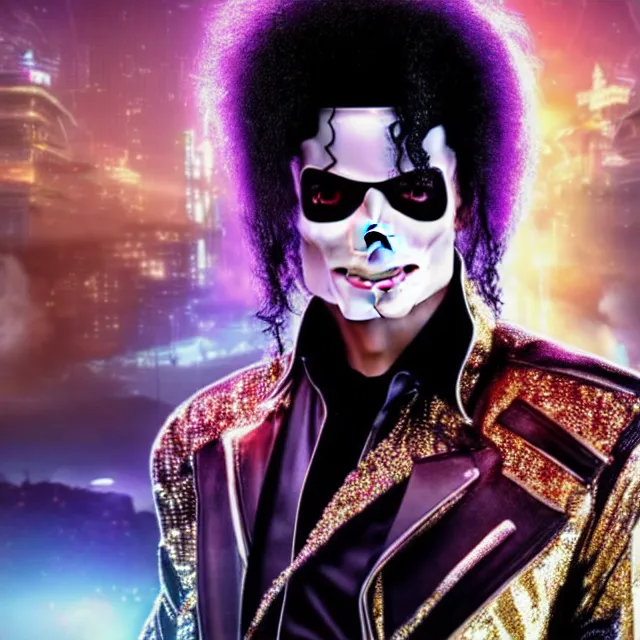 Image similar to beautiful!! futuristic cyberpunk michael jackson the devil. wearing super gem clothes, gold science fiction machinery, highly detailed 8 k hdr smooth sharp focus high resolution award - winning photo photorealistic