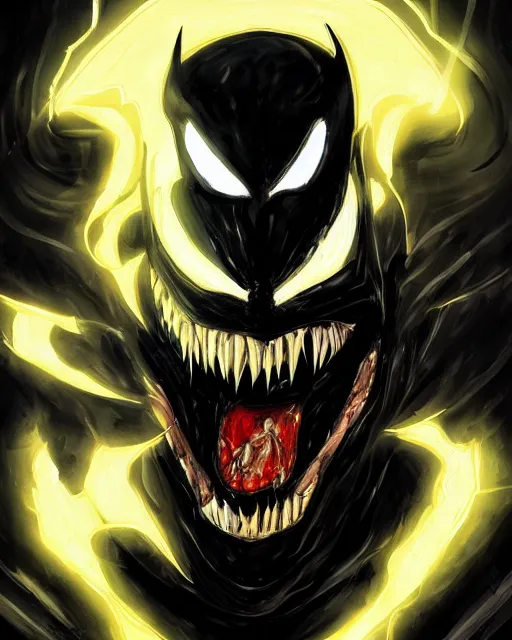 Image similar to venom as batman, with the powers of flash, dynamic lighting, fantasy concept art, trending on art station, stunning visuals, creative, cinematic, ultra detailed, comic strip style, sumihei