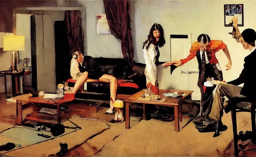 Image similar to a thin man falls over whilst his wife stands on a coffee table in a dark living room, painted by phil hale and rick berry and norman rockwell and dean cornwell and tom lowell, highly detailed