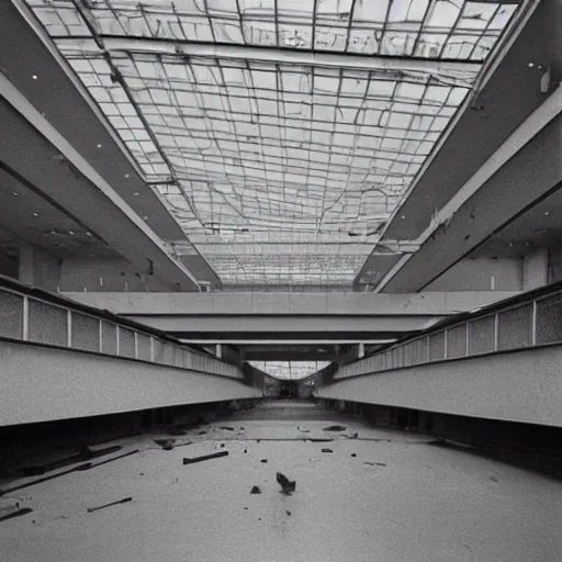 Prompt: abandoned super Mall in the post soviet era, MC Escher, destroyed, foggy weather, dark, uncanny