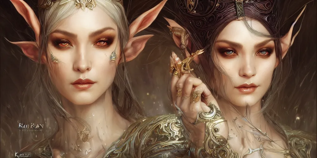 Prompt: a portrait of a female elf sorceress by karol bak and jia ruan, beautiful detailed eyes, cute, fantasy, intricate, elegant, highly detailed, digital painting, 4 k, hdr, concept art, detailed jewelry, smooth, sharp focus, illustration, art by artgerm