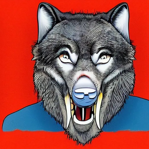 Image similar to portrait of ugly wolf, retarded, eyes in different directions, rabies, missing teeth, propaganda style, vivid colors