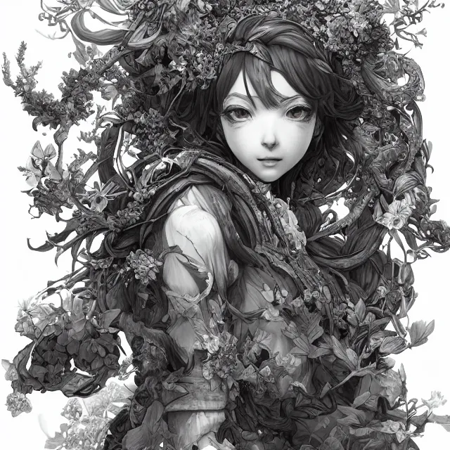 Image similar to the portrait of chaotic good female druid botanist as absurdly beautiful, gorgeous, elegant, young anime girl, an ultrafine hyperdetailed illustration by kim jung gi, irakli nadar, intricate linework, sharp focus, bright colors, octopath traveler, final fantasy, unreal engine 5 highly rendered, global illumination, radiant light, detailed and intricate environment