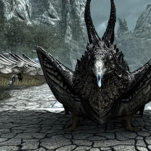 Prompt: Alduin as a Goose in Skyrim, photorealistic, symmetric