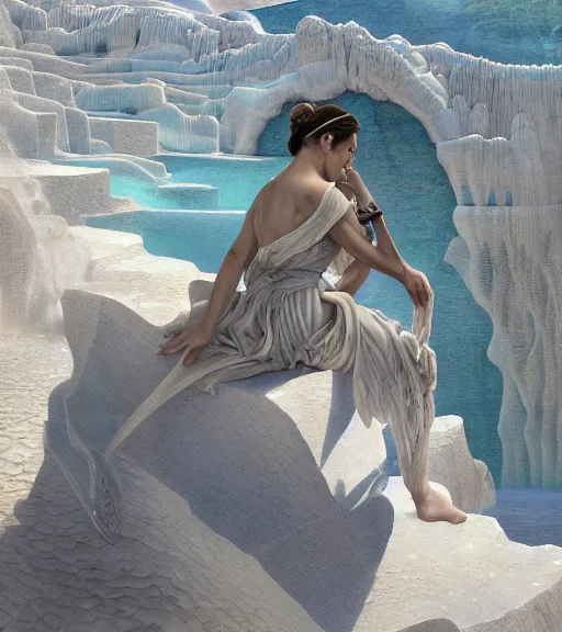 Prompt: close-up of a dragon hacking laptop on Pamukkale, thermal waters flowing down white travertine terraces, intricate, elegant, luxurious, digital painting, concept art, smooth, sharp focus, from Star Trek 2021, illustration, by WLOP and Ruan Jia and Mandy Jurgens and William-Adolphe Bouguereau, Artgerm