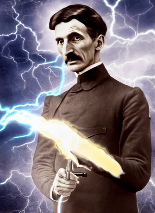 Prompt: color photograph of Nikola Tesla Nikola Tesla holding a futuristic tesla gun with lightning, futuristic, tesla coil, futuristic weapon, dynamic lightning, 4k, hyper realistic, modern photograph, digital art