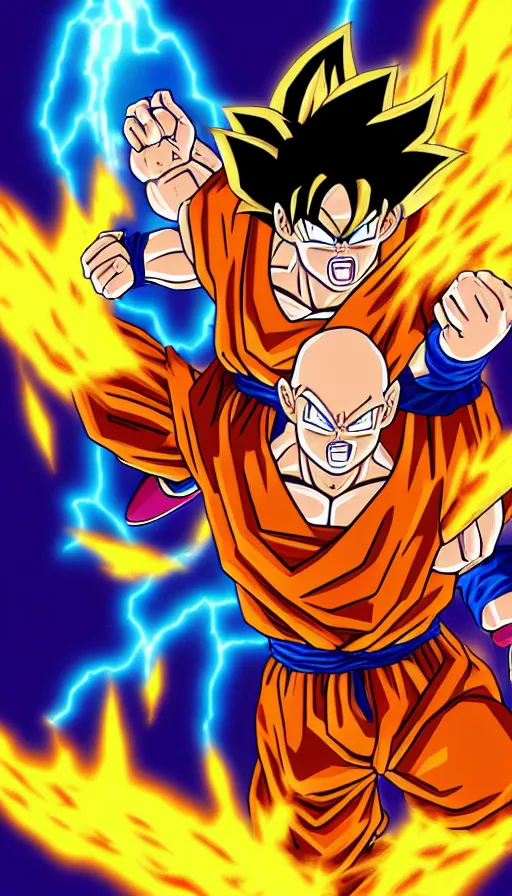 Prompt: illustration of Super Saiyan Goku firing a Kamehameha in the style of Akira Toriyama