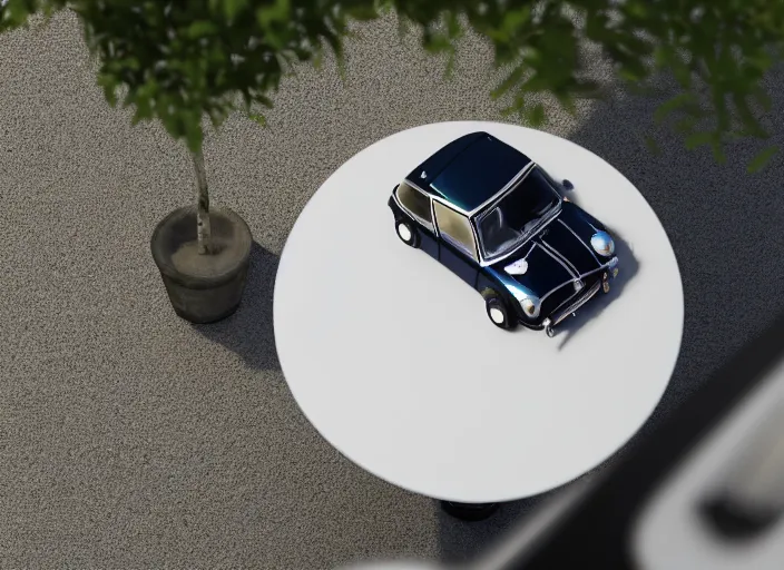 Image similar to a small miniature of a Mini Cooper S 1963 on a white table near a vase with a plant, 3d render, octane render, unreal engine 5, path tracing, serene landscape, calm, relaxing, beautiful landscape, highly detailed, high quality, 4k, symmetrical, low contrast, view from above